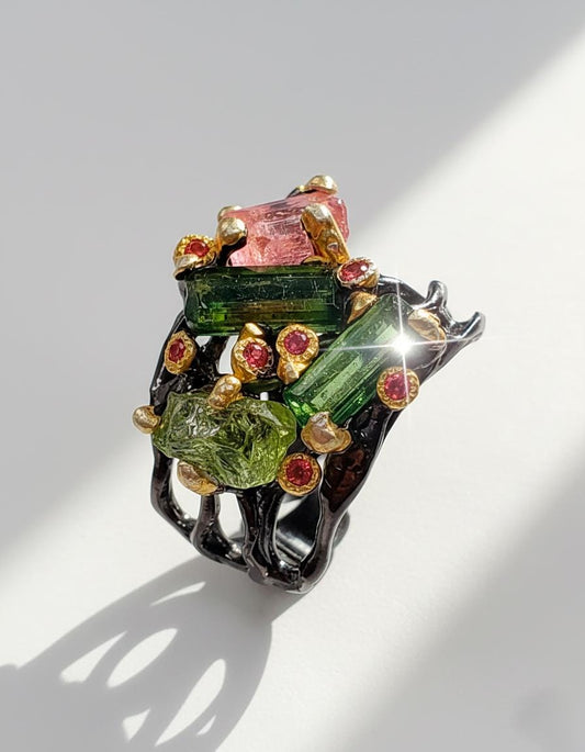 925 Sterling Silver Raw Tourmaline Ring, worn on hand
