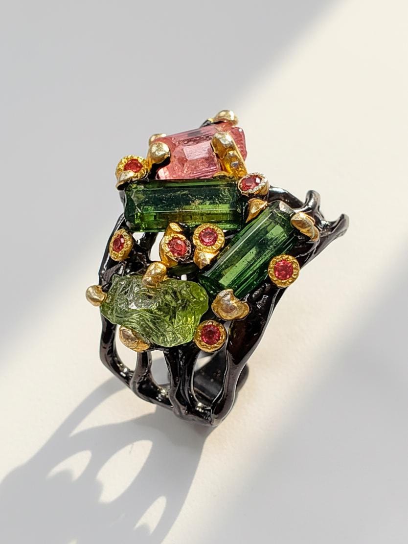 925 Sterling Silver Raw Tourmaline Ring, setting detail