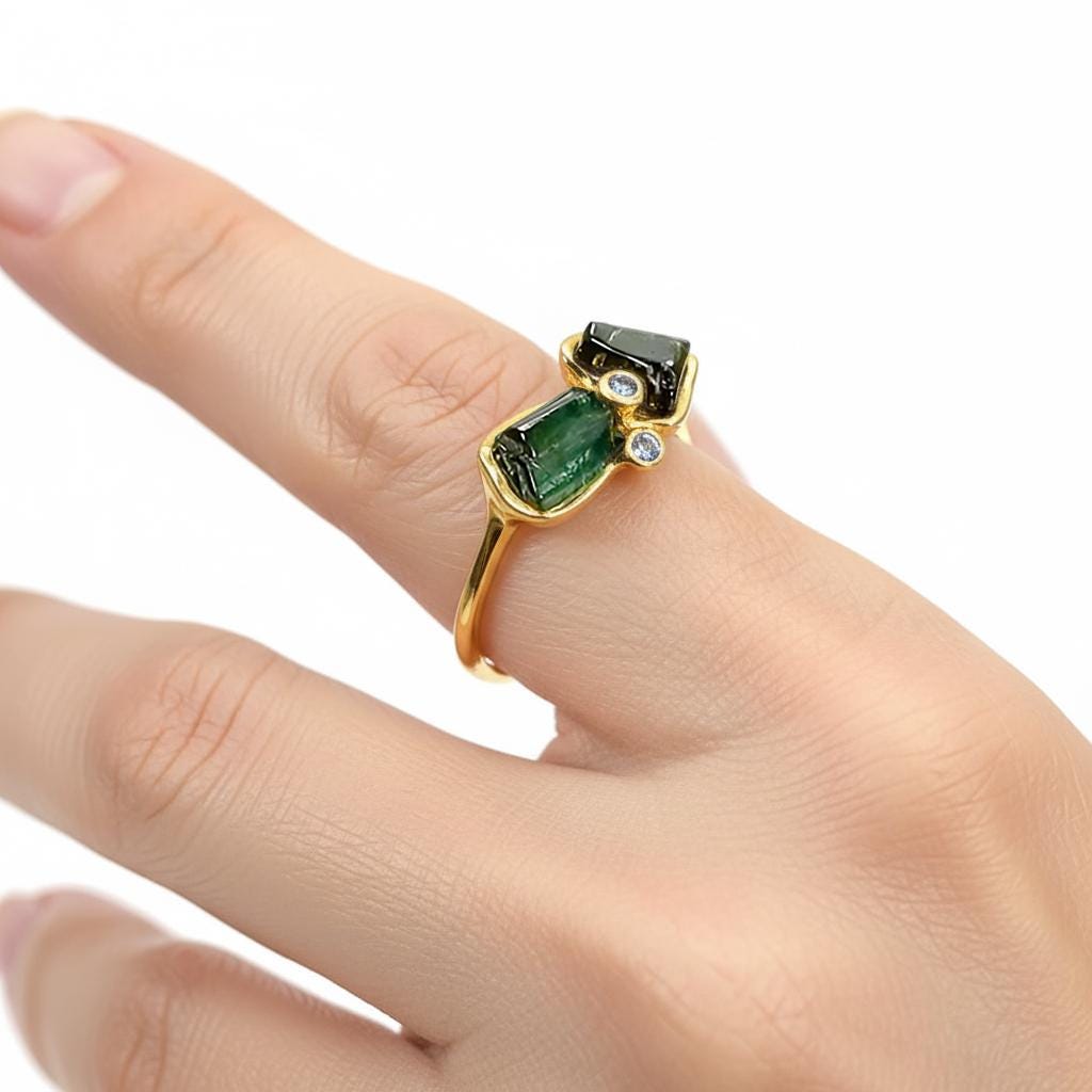 925 Sterling Silver Raw Tourmaline Ring, close-up detail