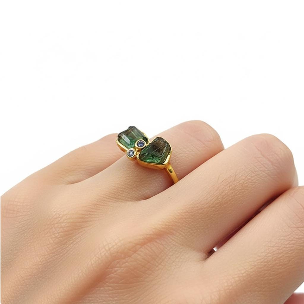 925 Sterling Silver Raw Tourmaline Ring, worn on hand