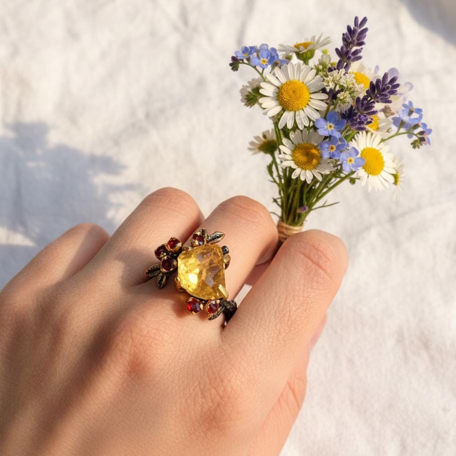 925 Sterling Silver Raw Yellow Citrine Ring, close-up detail