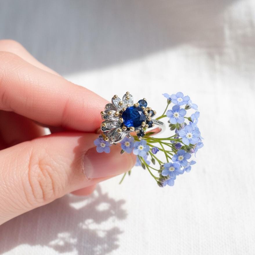 925 Sterling Silver Real Sapphire Ring, setting detail