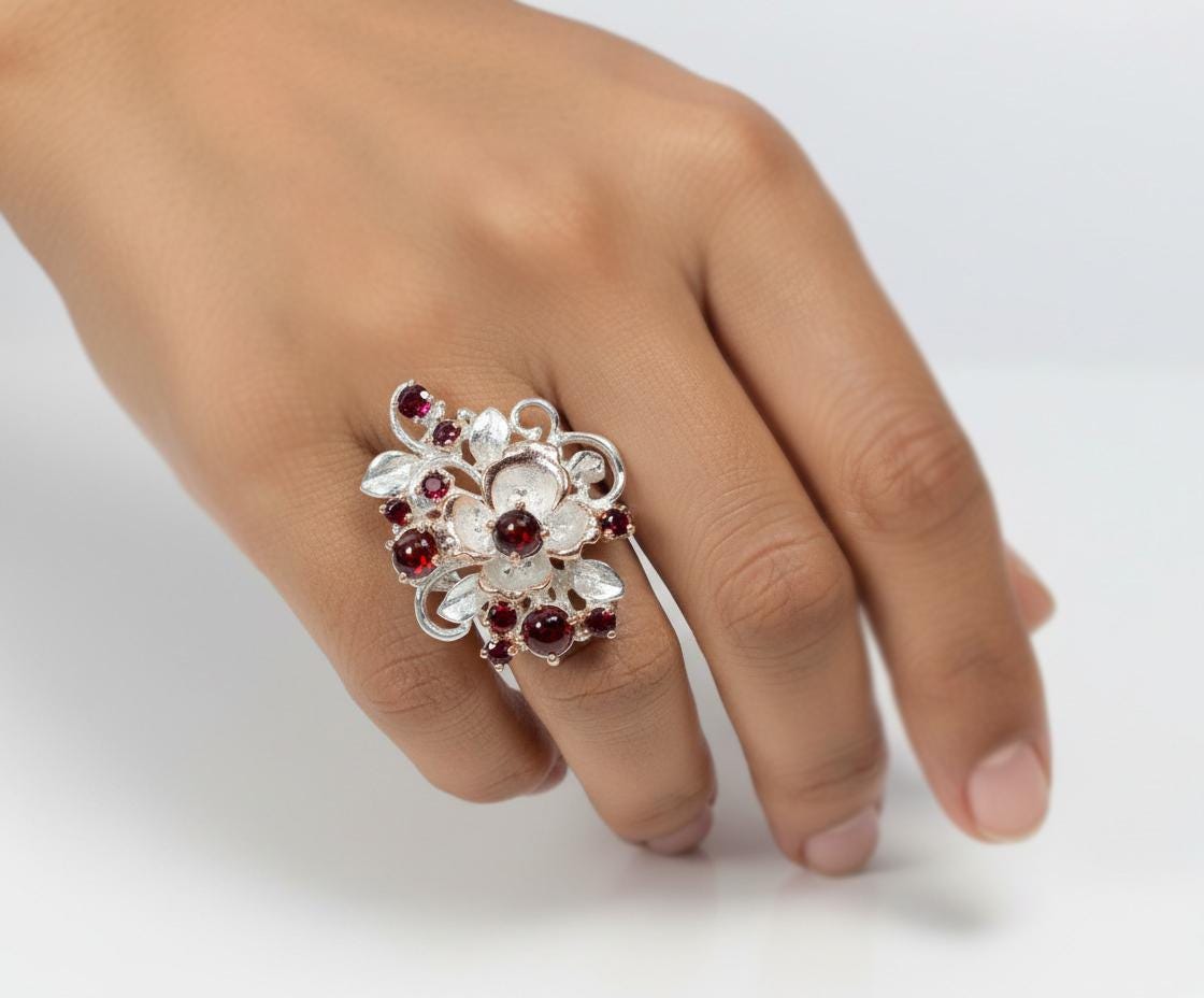 925 Sterling Silver Red Garnet Ring, alternate angle