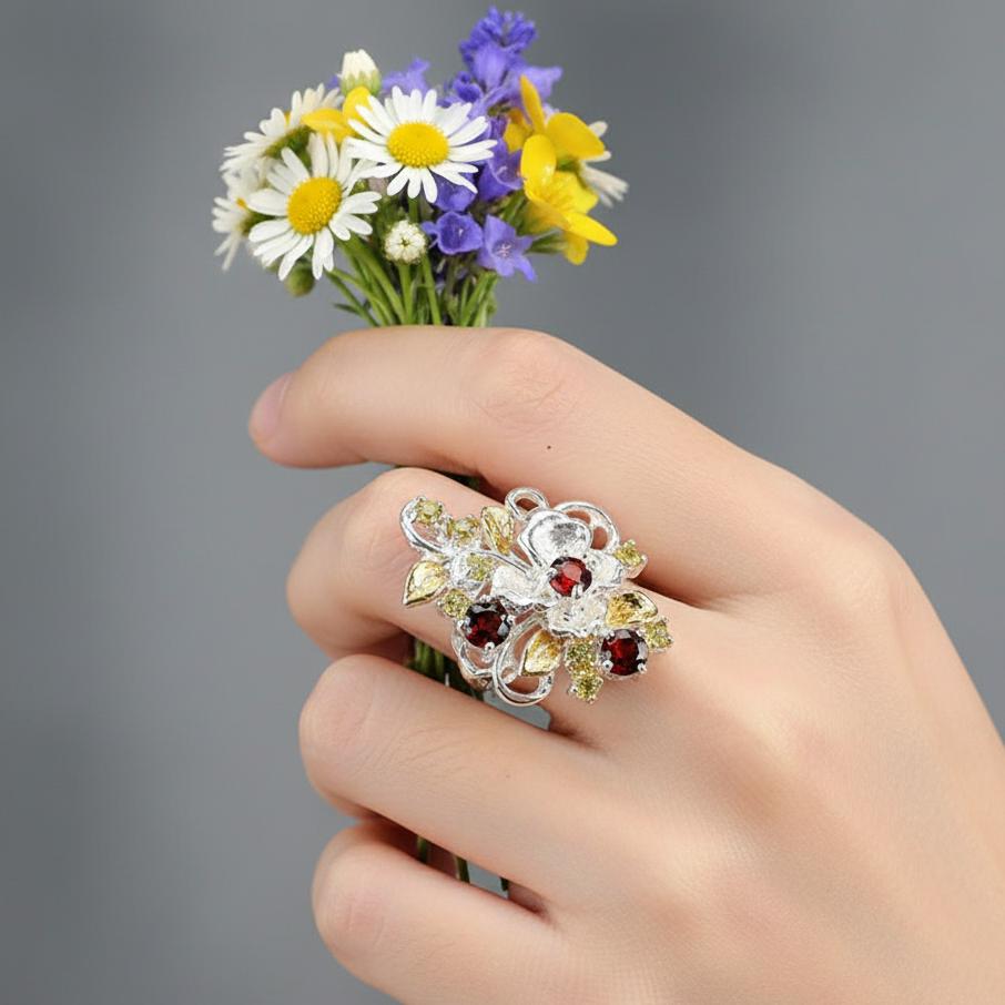 925 Sterling Silver Red Garnet Ring, setting detail