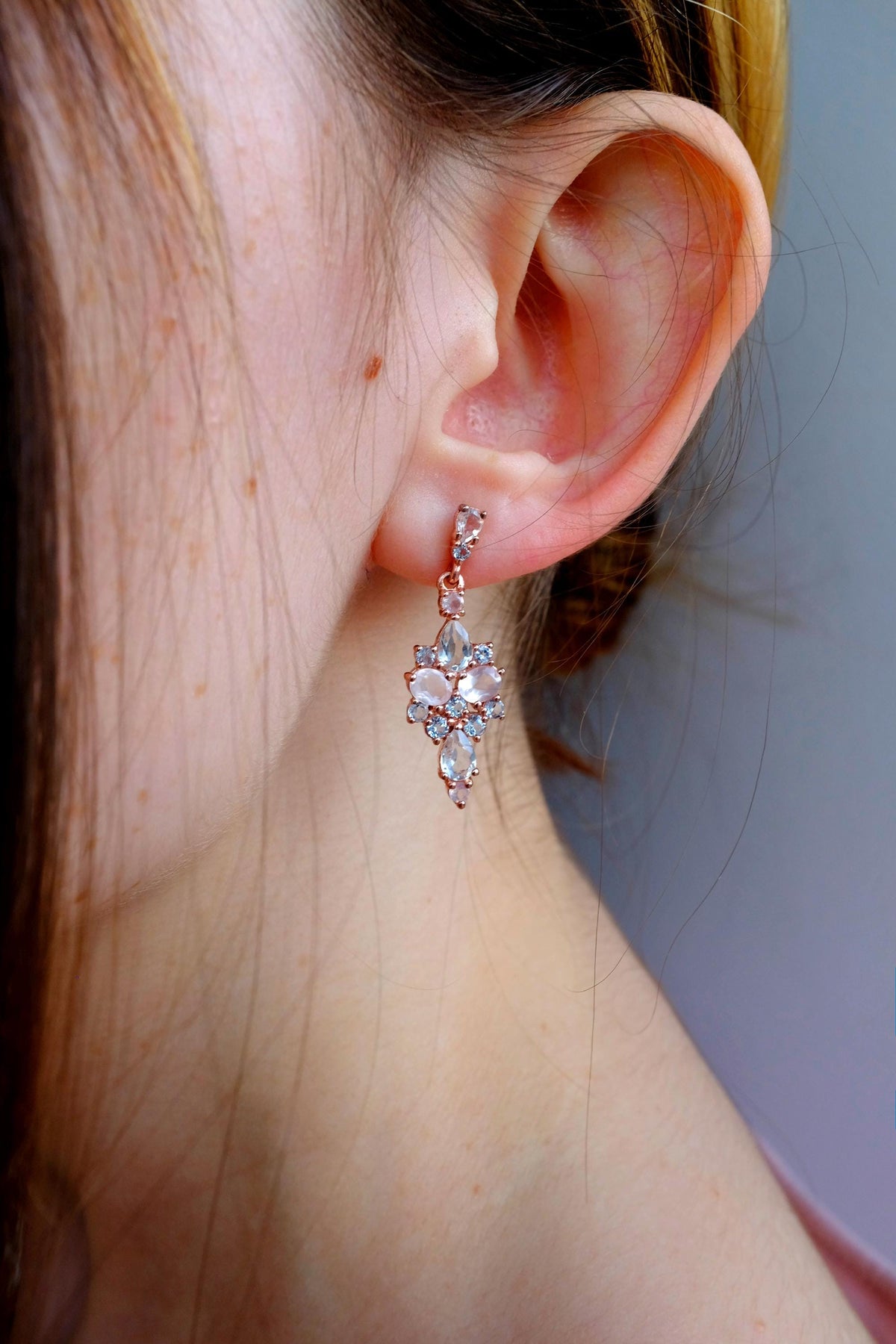 925 Sterling Silver Rose Quartz Earrings, worn view