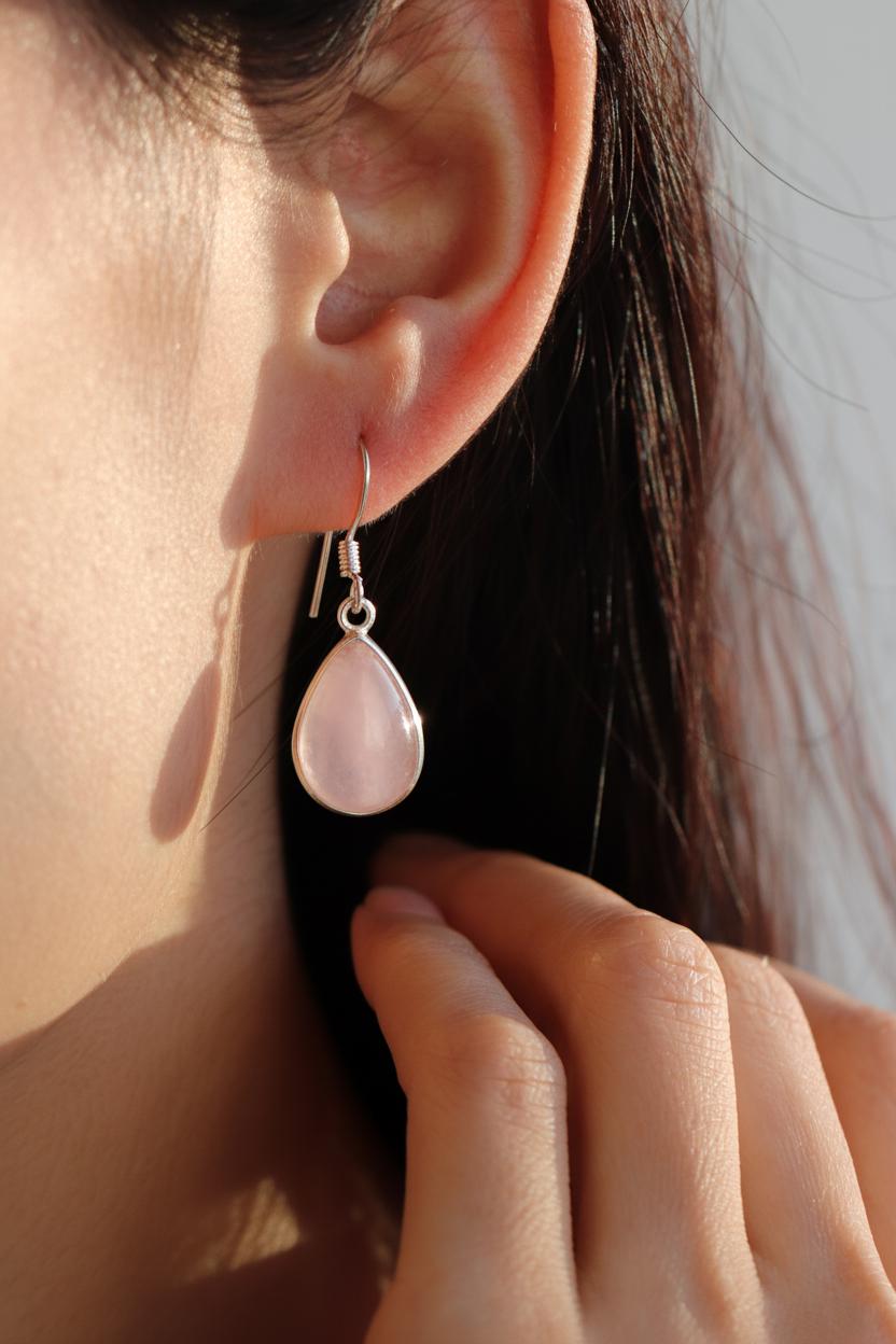 925 Sterling Silver Rose Quartz Earrings, alternate angle