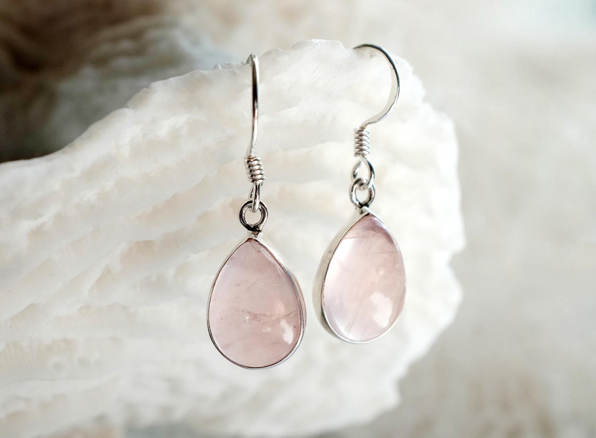 925 Sterling Silver Rose Quartz Earrings, side angle
