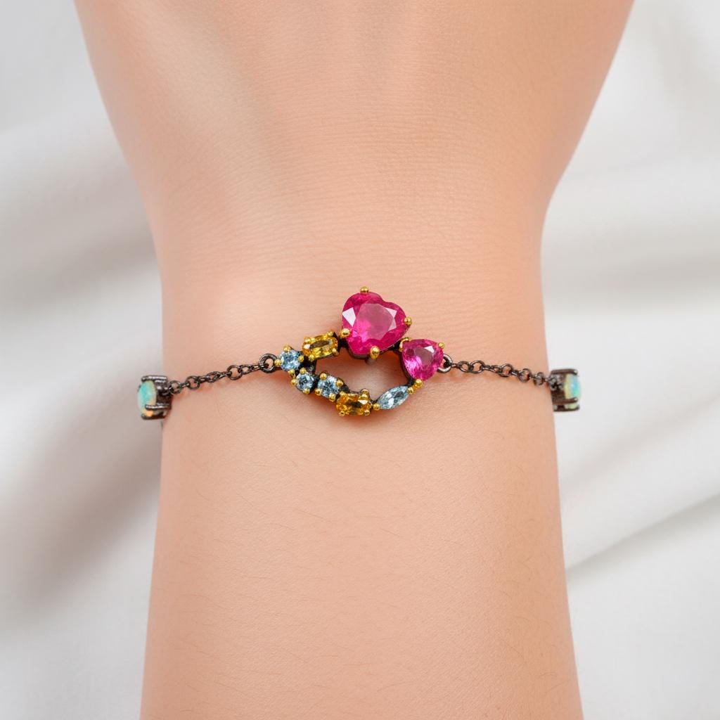 925 Sterling Silver Ruby Heart Bracelet, close-up detail