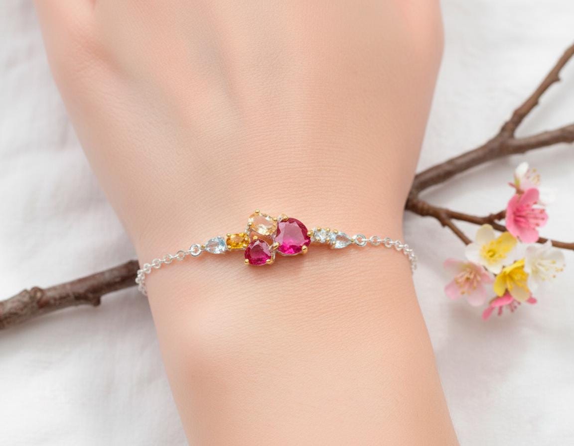 925 Sterling Silver Ruby Heart Bracelet, alternate angle