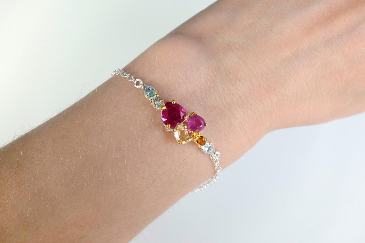 925 Sterling Silver Ruby Heart Bracelet, wrist styling view
