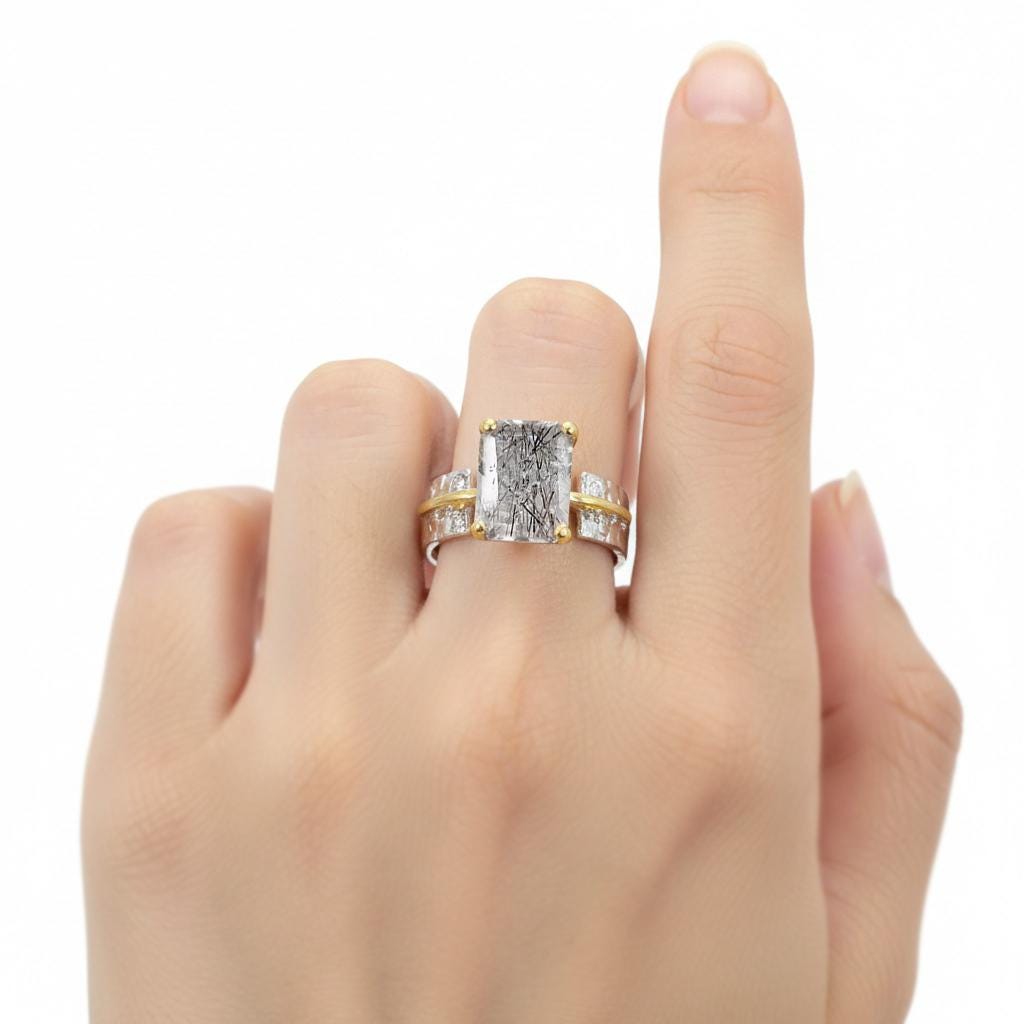 925 Sterling Silver Rutilated Quartz Ring, worn on hand