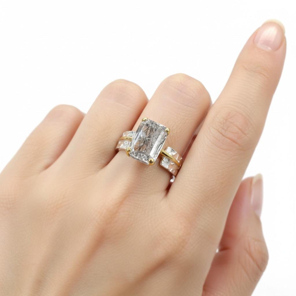 925 Sterling Silver Rutilated Quartz Ring, setting detail