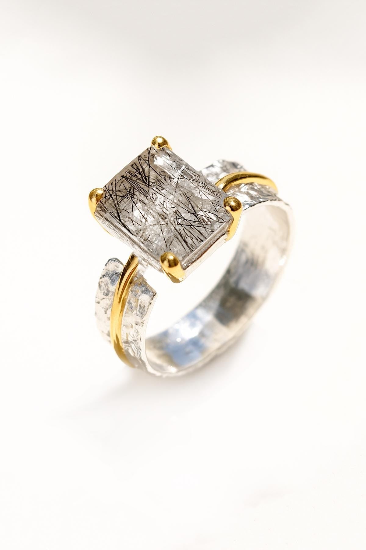 925 Sterling Silver Rutilated Quartz Ring, worn look