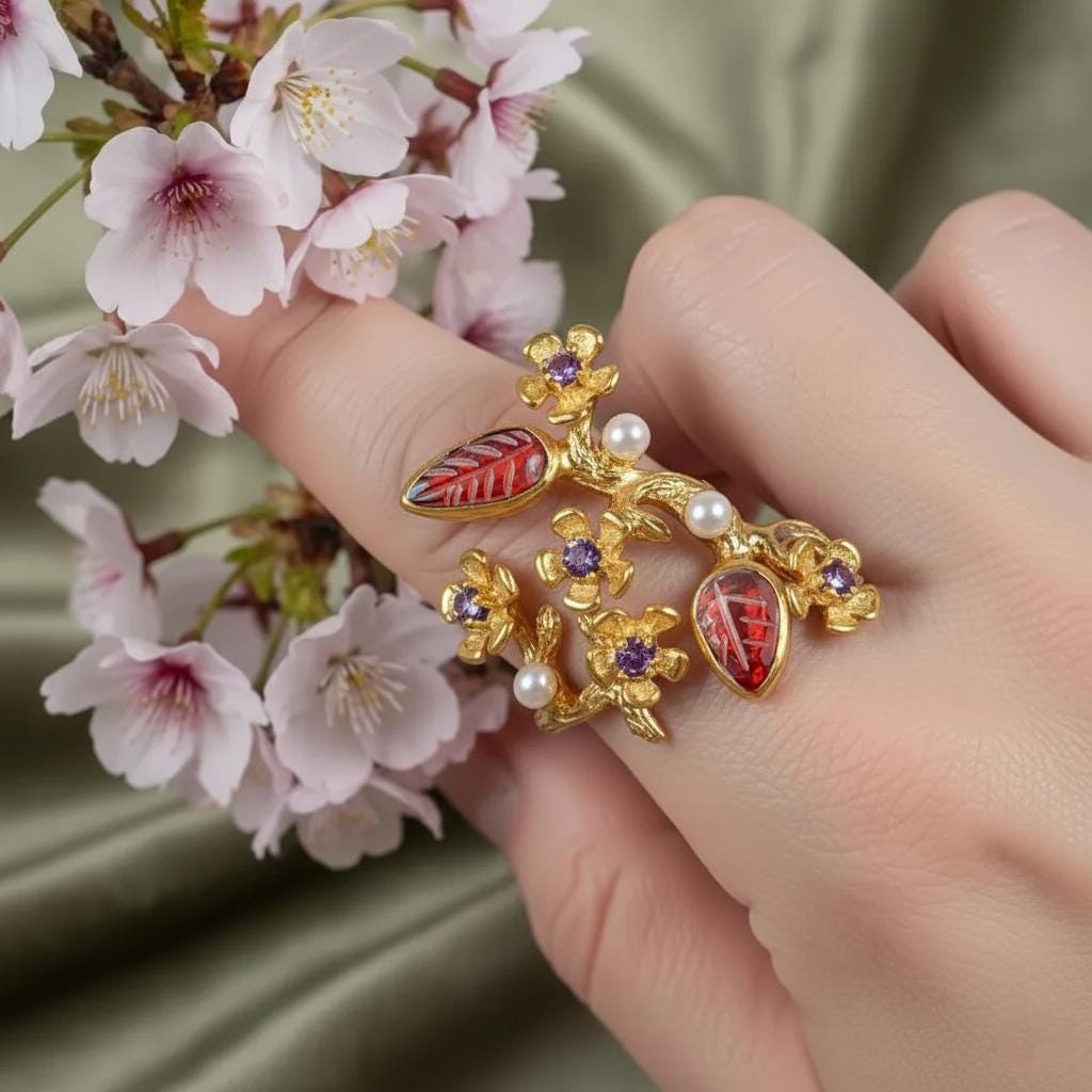 925 Sterling Silver Sakura Branch Ring, setting detail