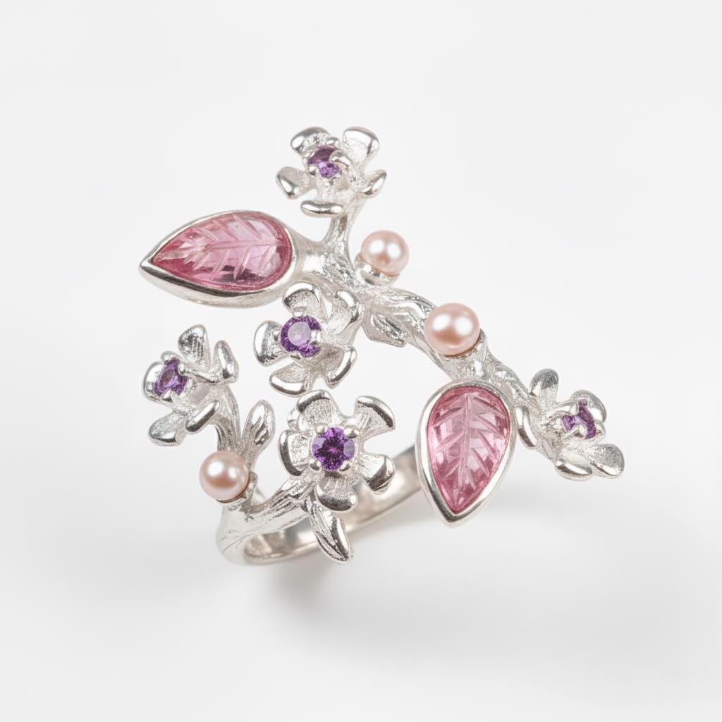 925 Sterling Silver Sakura Branch Ring, band detail