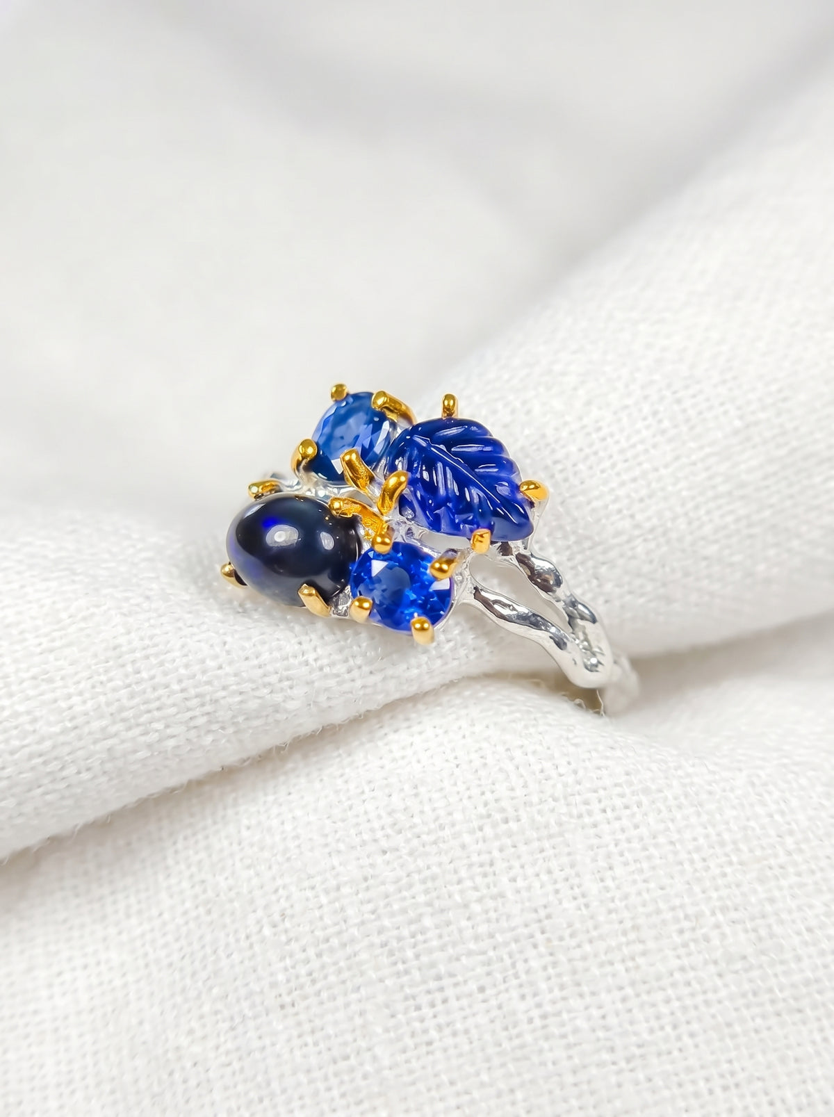 925 Sterling Silver Sapphire Leaf Ring, worn on hand