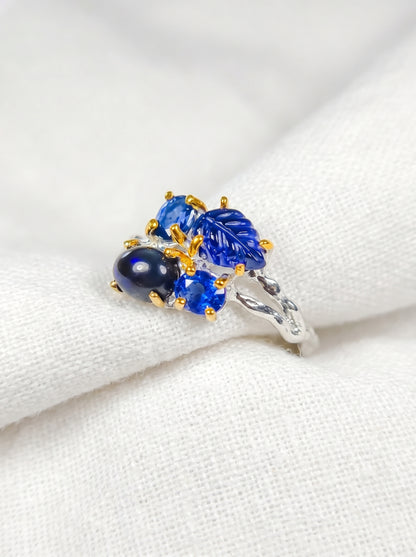 925 Sterling Silver Sapphire Leaf Ring, worn on hand