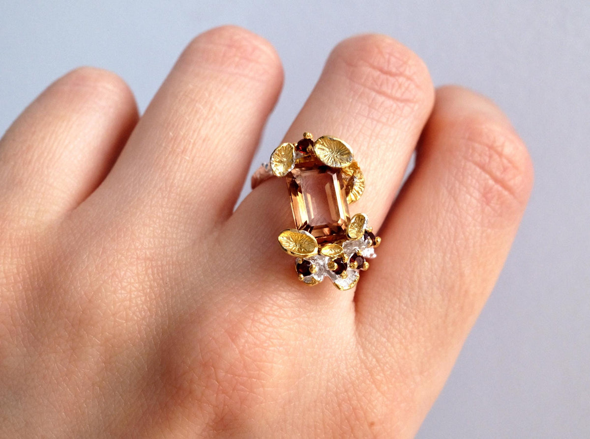 Brown Smoke Quartz Emerald Cut Ring, alternate angle