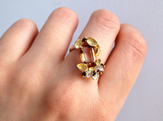 Brown Smoke Quartz Emerald Cut Ring, alternate angle