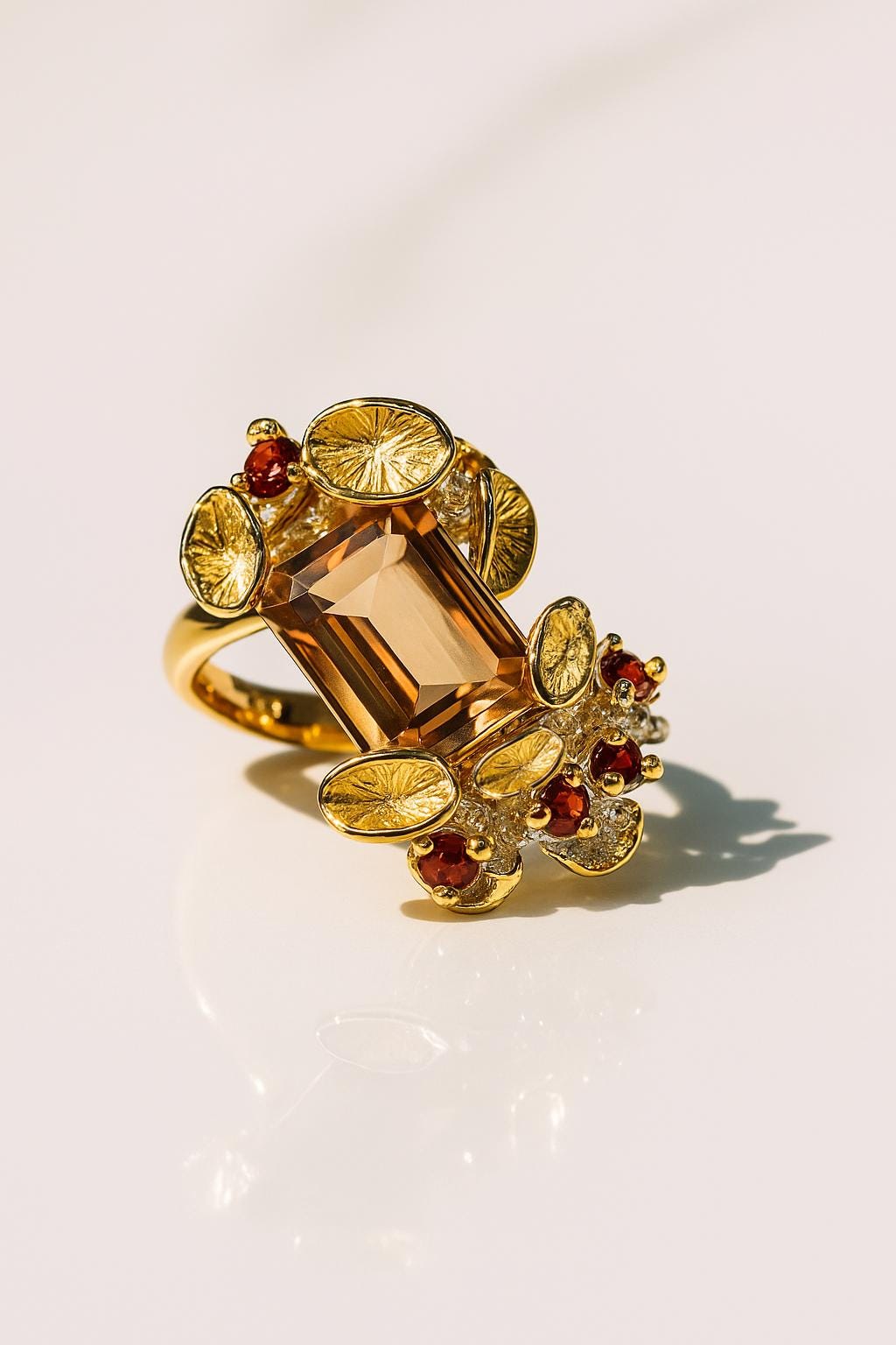 Brown Smoke Quartz Emerald Cut Ring, worn look