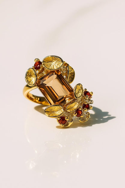 Brown Smoke Quartz Emerald Cut Ring, worn look