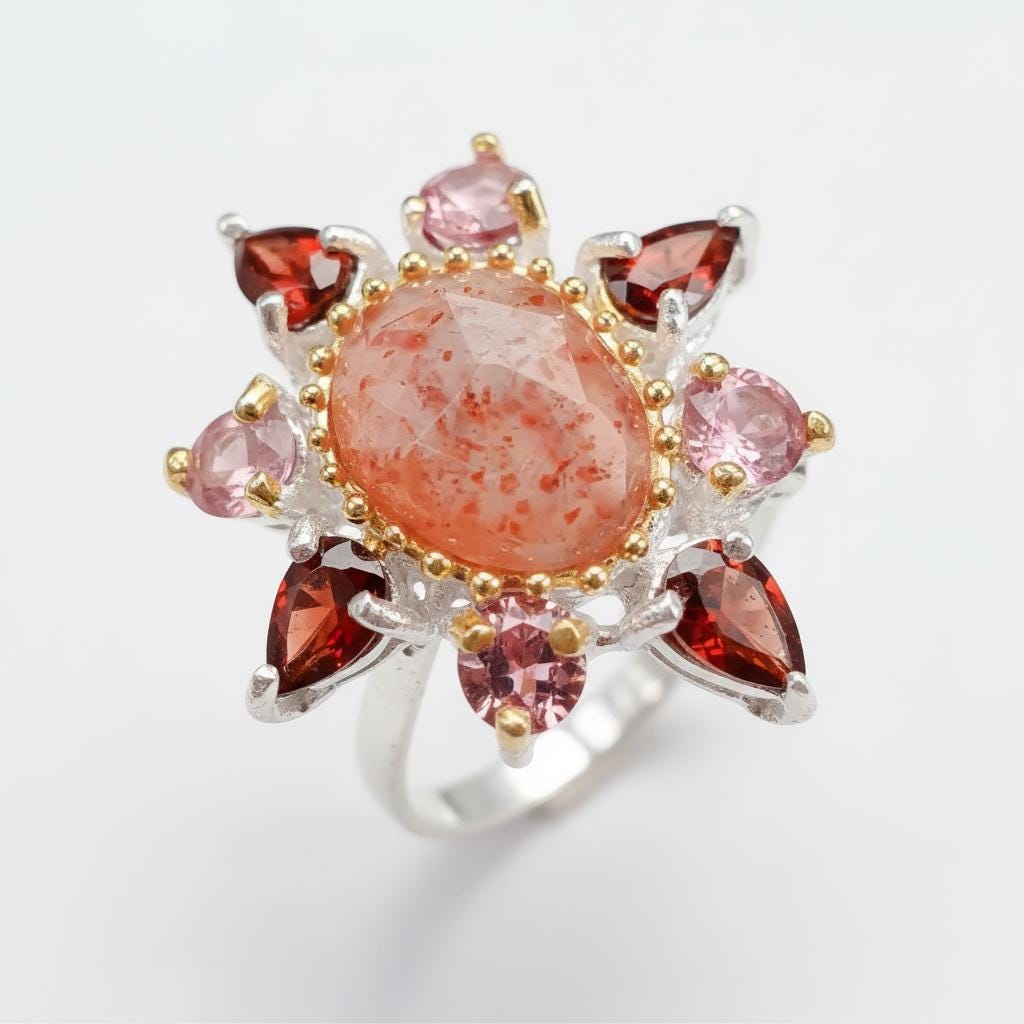 925 Sterling Silver Sunstone Ring, worn on hand