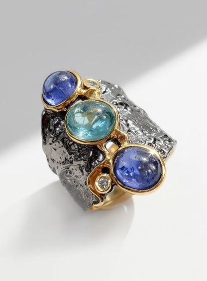 925 Sterling Silver Tanzanite Apatite Ring, close-up detail
