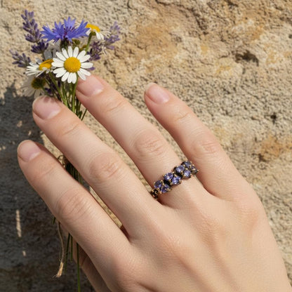 925 Sterling Silver Blue Tanzanite Ring, worn on hand