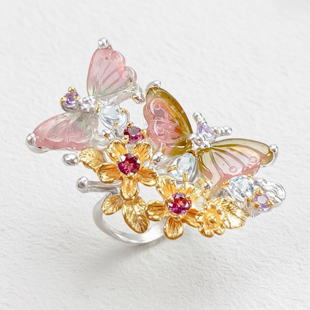 925 Sterling Silver Tourmaline Butterfly Ring, setting detail