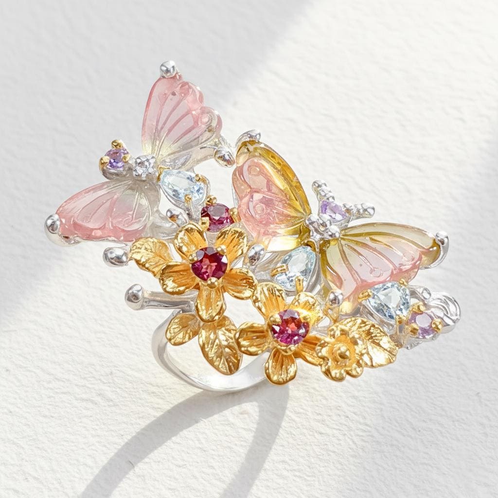 925 Sterling Silver Tourmaline Butterfly Ring, additional angle