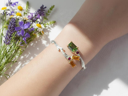 925 Sterling Silver Tourmaline Citrine Bracelet, texture close-up