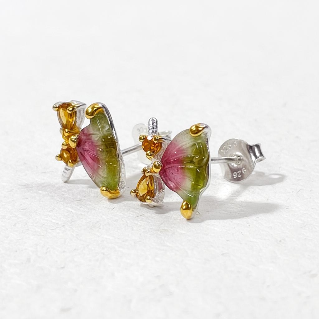 925 Sterling Silver Tourmaline Stud Earrings, side angle