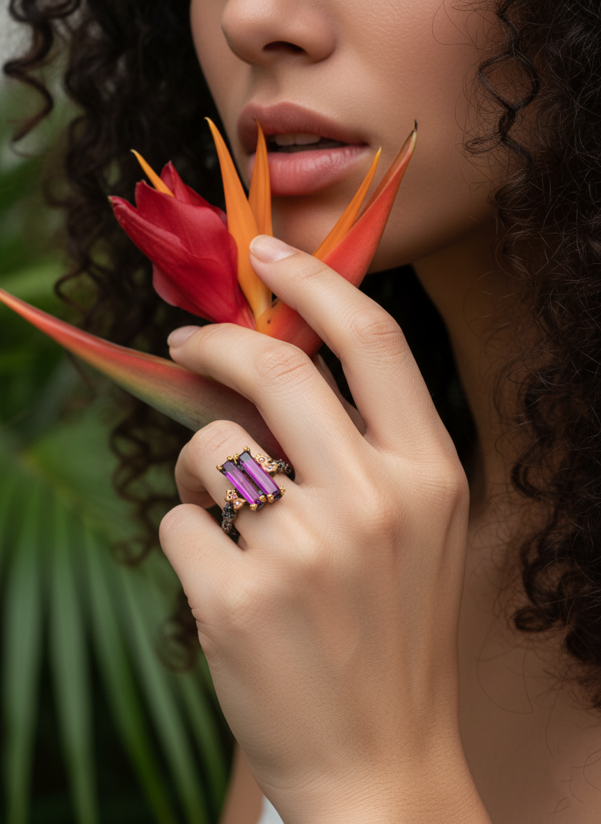 925 Silver Pink Garnet Baguette Ring, close-up detail