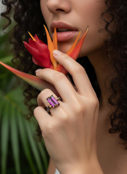 925 Silver Pink Garnet Baguette Ring, close-up detail