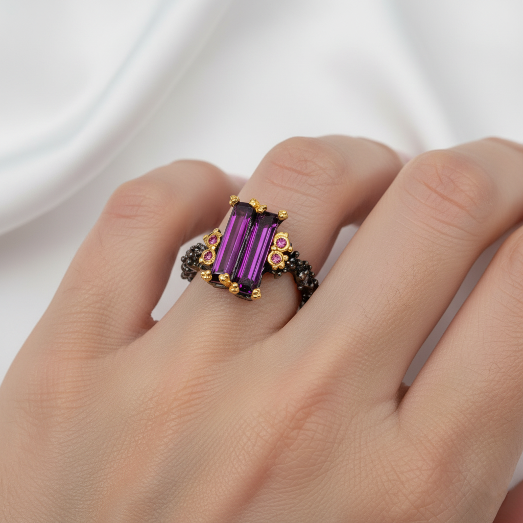 925 Silver Pink Garnet Baguette Ring, side view