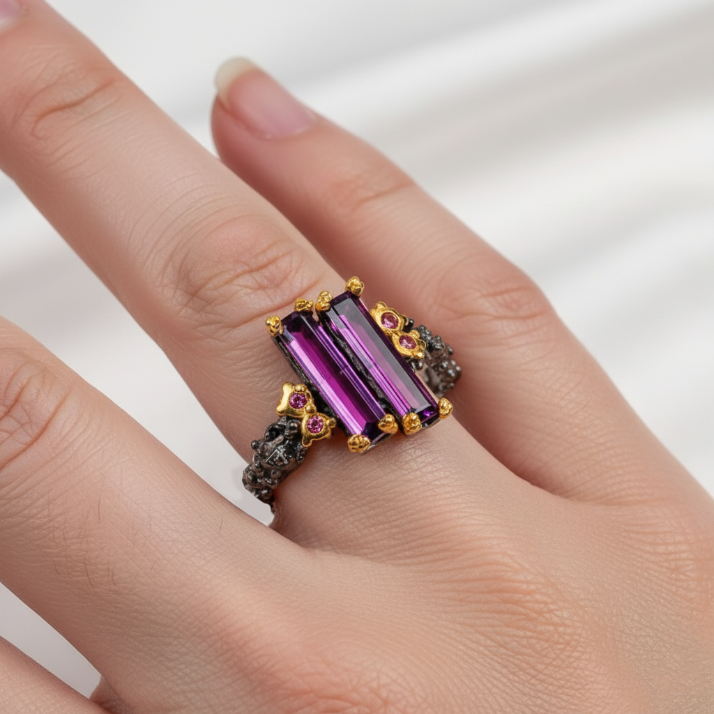 925 Silver Pink Garnet Baguette Ring, worn on hand