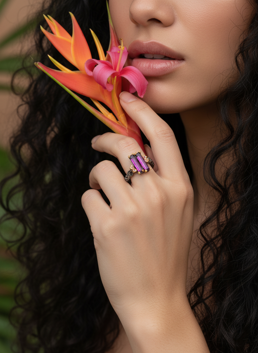 925 Silver Pink Garnet Baguette Ring, additional angle
