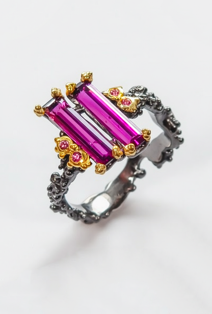 925 Silver Pink Garnet Baguette Ring, worn look
