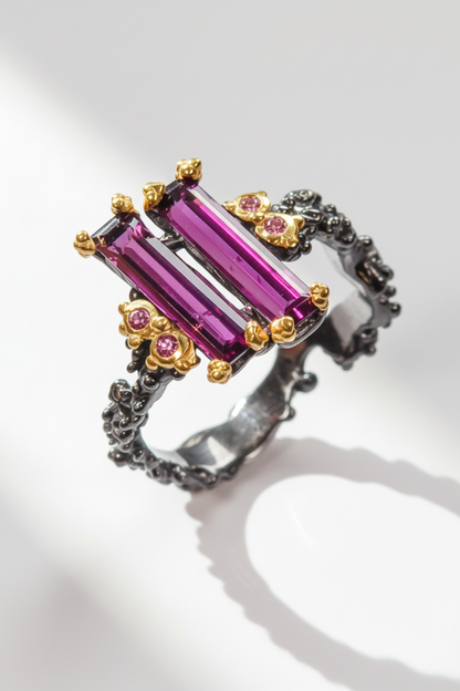 925 Silver Pink Garnet Baguette Ring, band detail