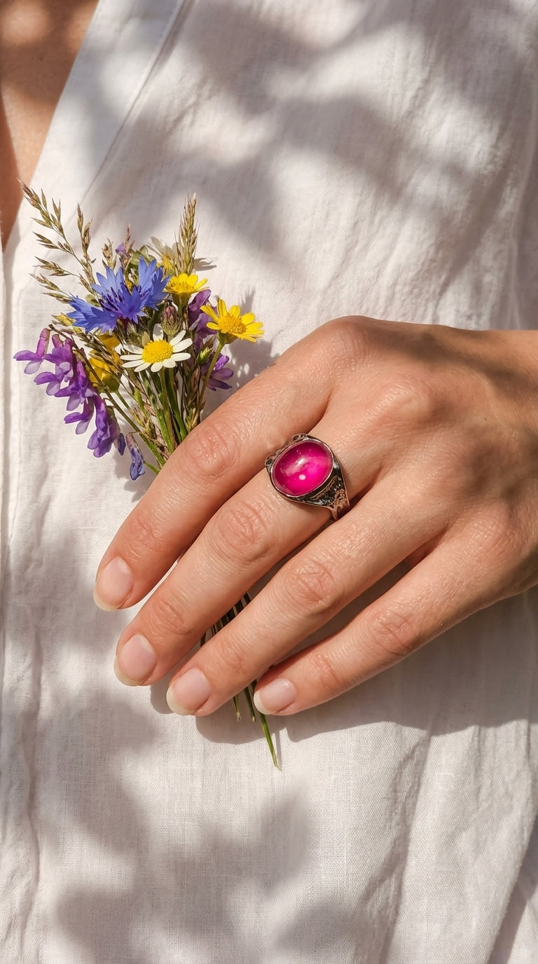 925 black silver pink ruby organic ring