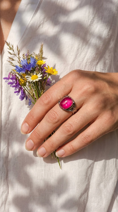 925 black silver pink ruby organic ring