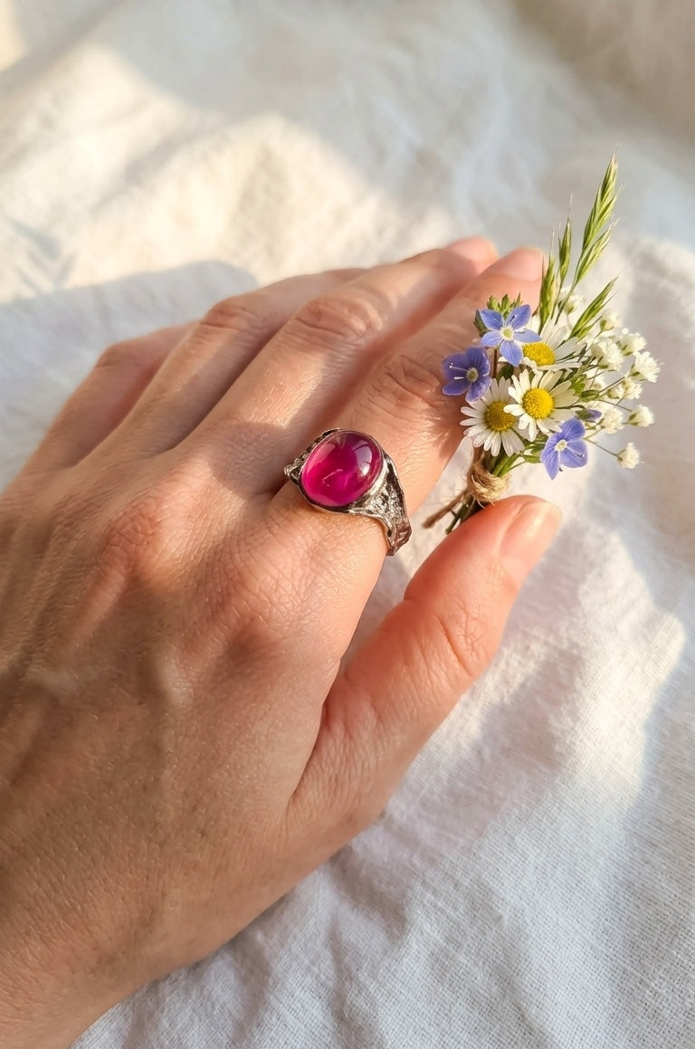 925 black silver pink ruby organic ring