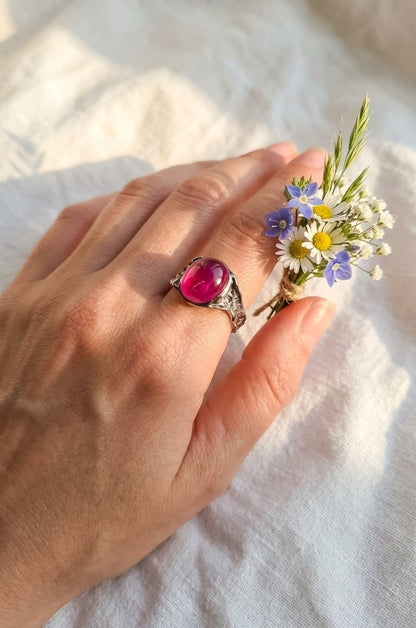 925 black silver pink ruby organic ring