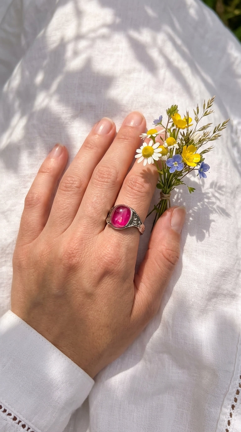 925 black silver pink ruby organic ring
