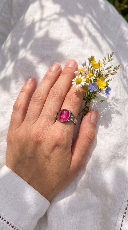 925 black silver pink ruby organic ring