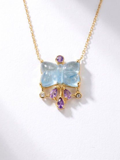 925 silver aquamarine bow necklace, layered look