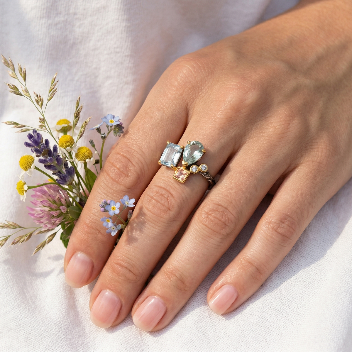 925 silver aquamarine cluster ring