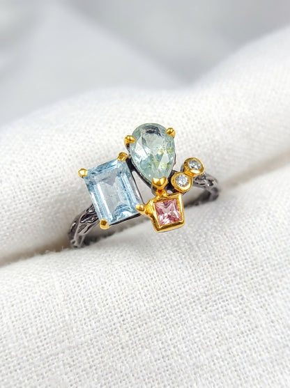 925 silver aquamarine cluster ring