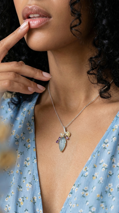 925 silver aquamarine carved leaf necklace, alternate angle