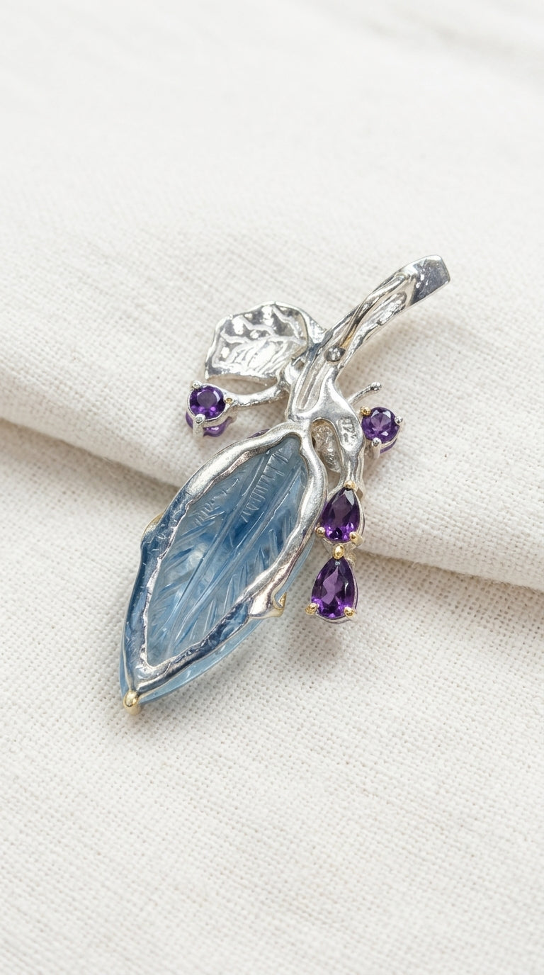 925 silver aquamarine carved leaf necklace, close-up detail